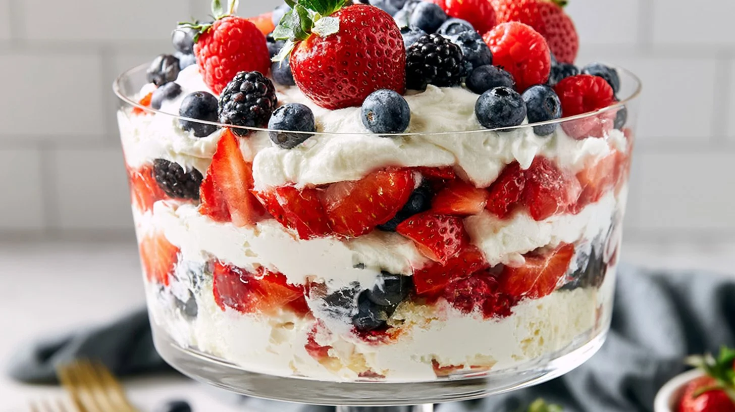 Delicious 4th of July berry trifle dessert with layers of fresh strawberries and blueberries.