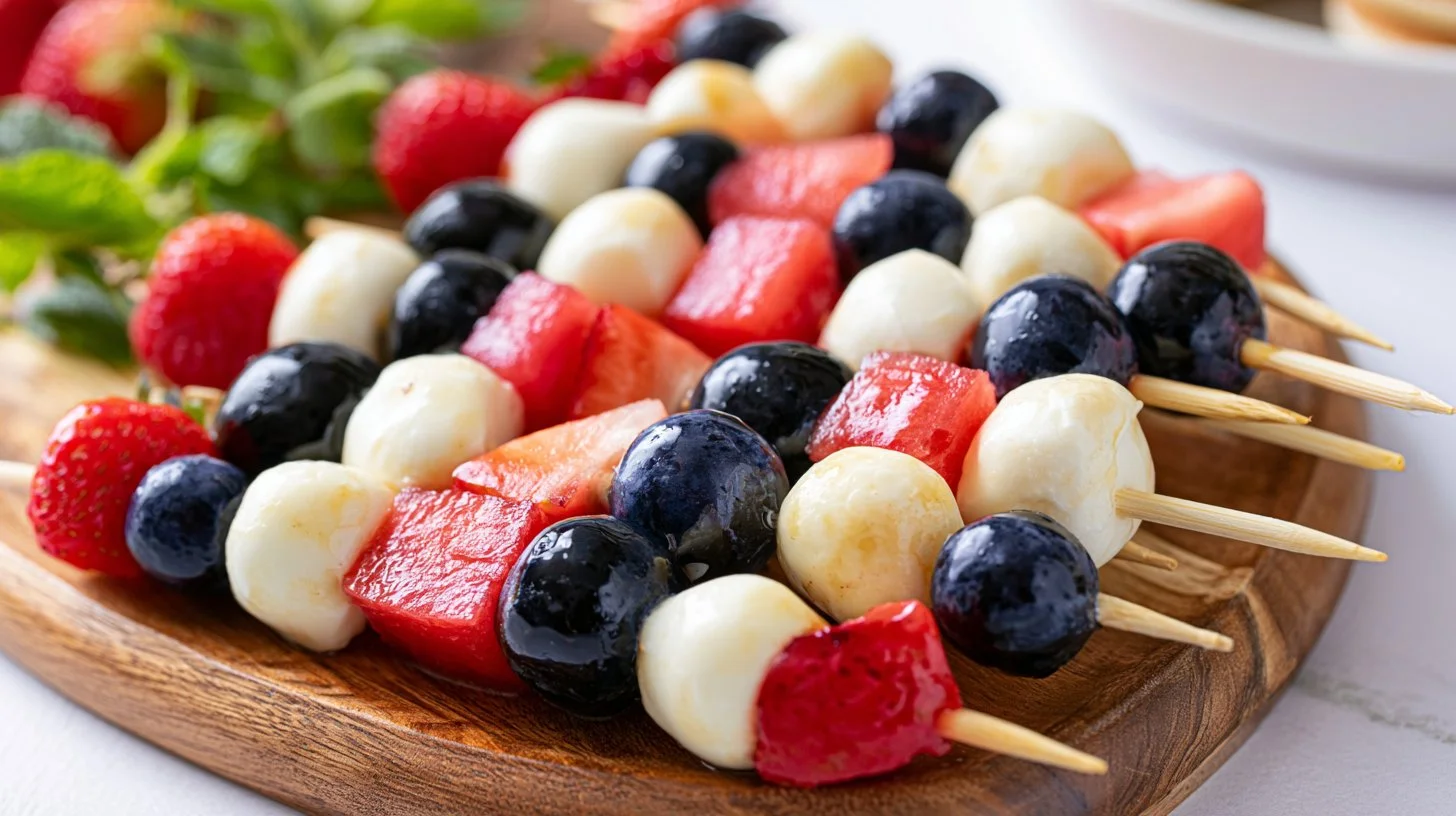 Colorful 4th of July fruit skewers with fresh berries and melon.