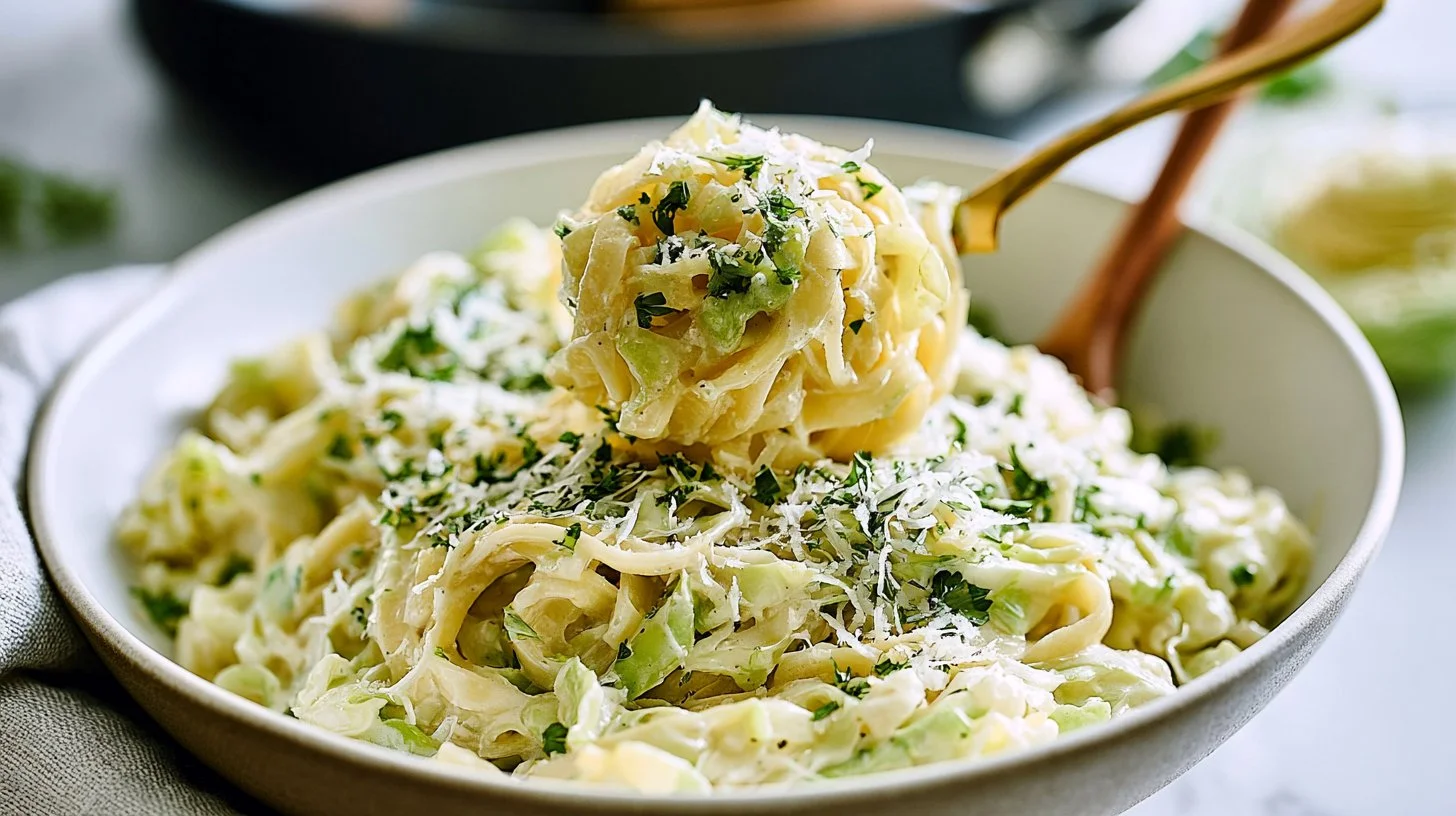 Plate of Cabbage Noodles Alfredo topped with parsley and grated cheese