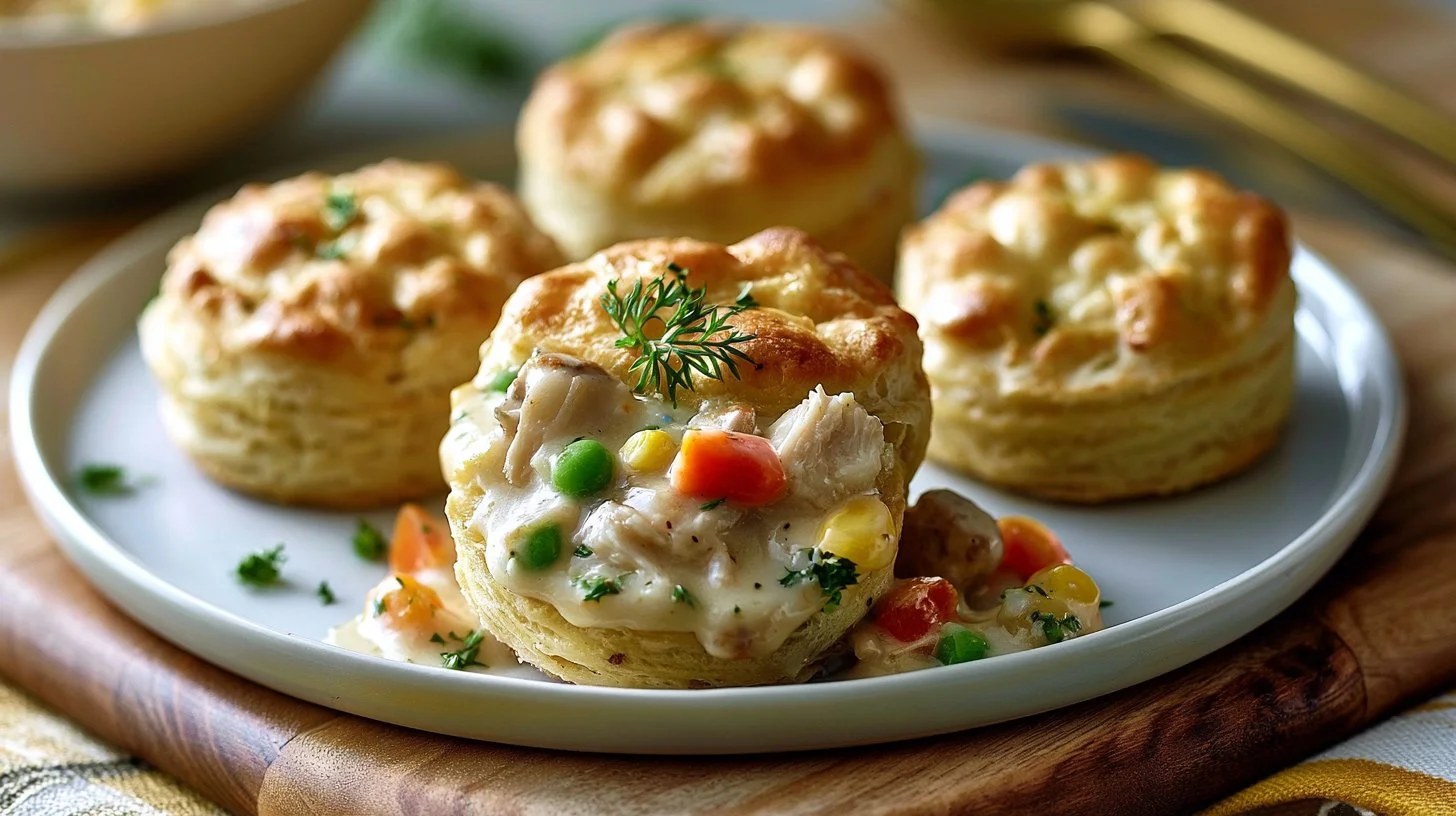 Delicious Chicken Pot Pie Bites with flaky biscuits on a serving platter