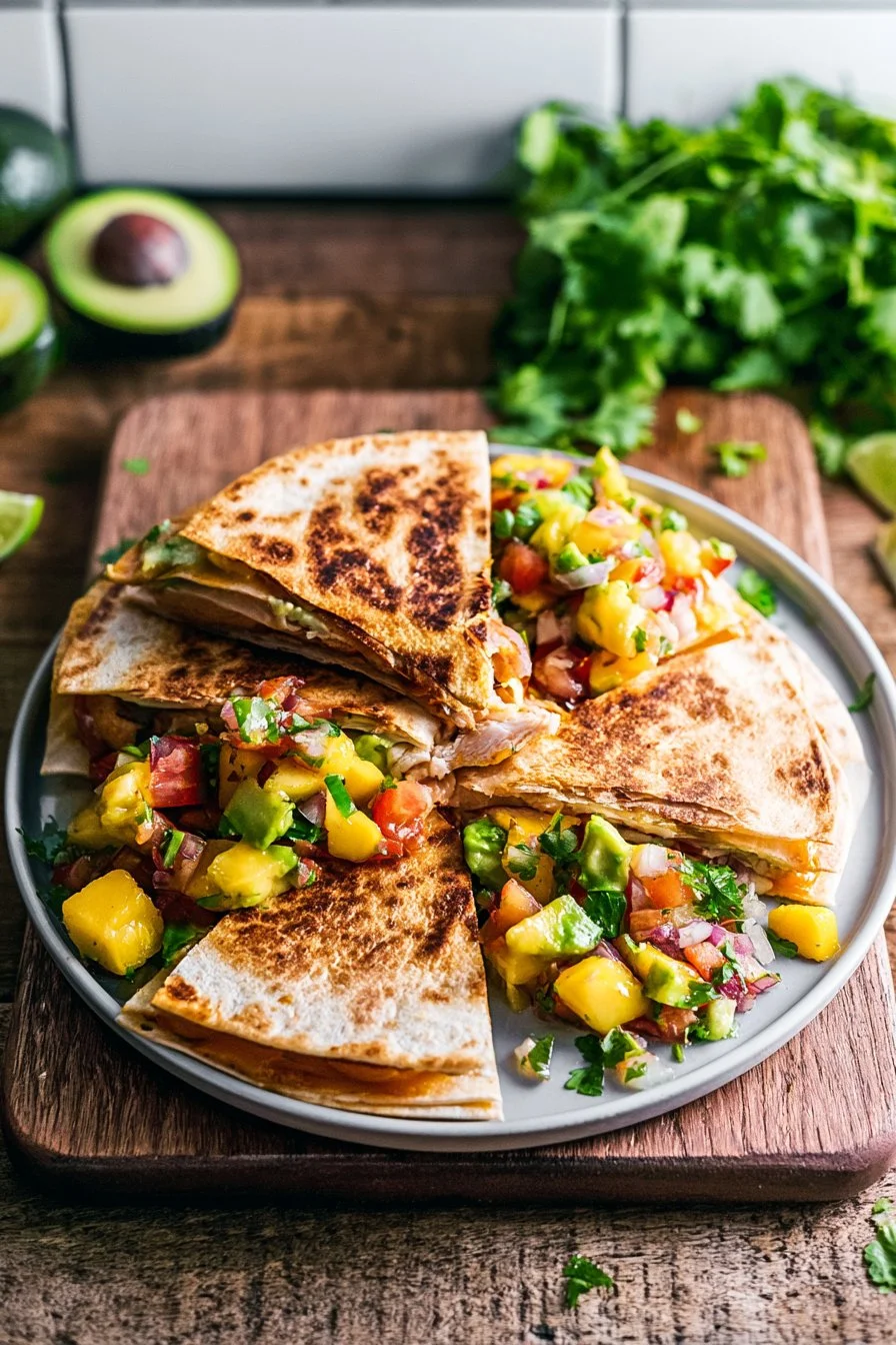 Chicken Quesadilla with Avocado Mango Salsa
