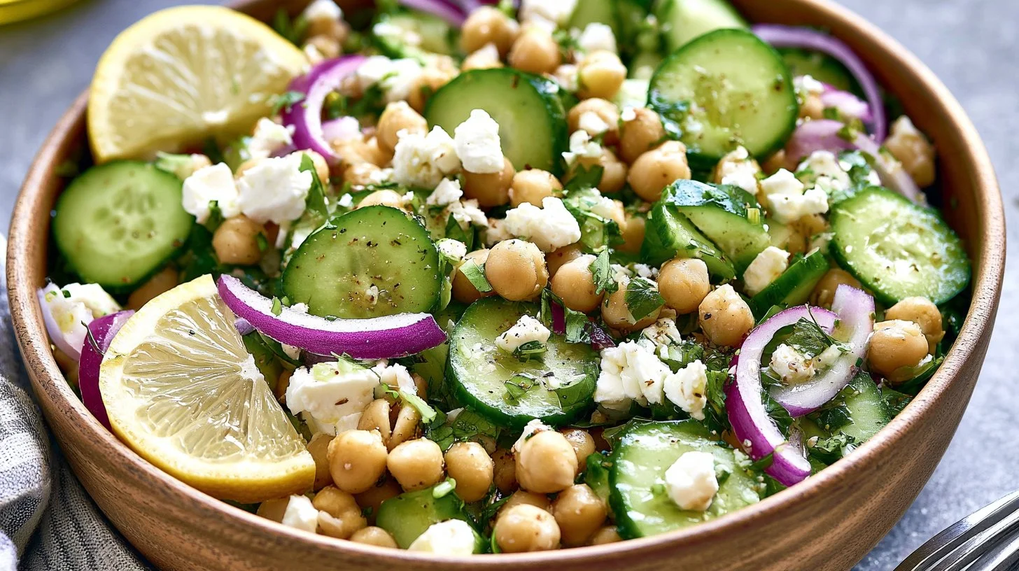 Chickpea Cucumber Feta Salad with fresh ingredients in a bowl