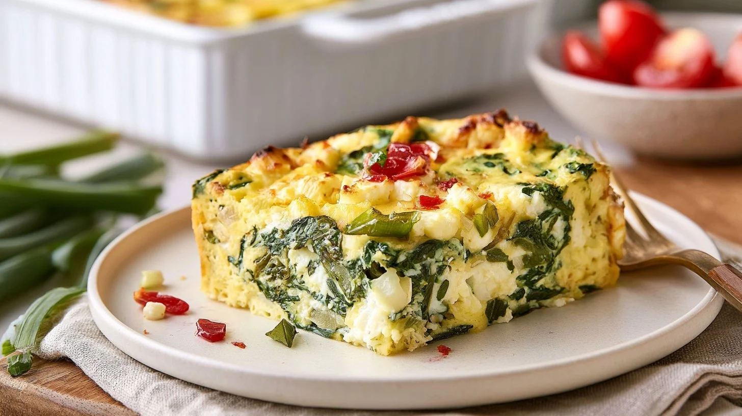A delicious cottage cheese egg bake served on a plate with fresh herbs
