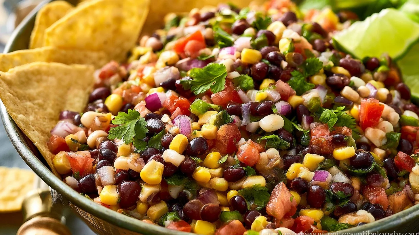 Bowl of colorful Cowboy Caviar salad with beans and vegetables