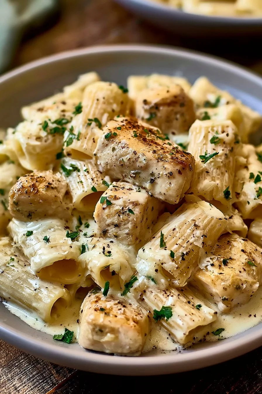 Creamy Garlic Butter Chicken and Rigatoni in Parmesan Sauce