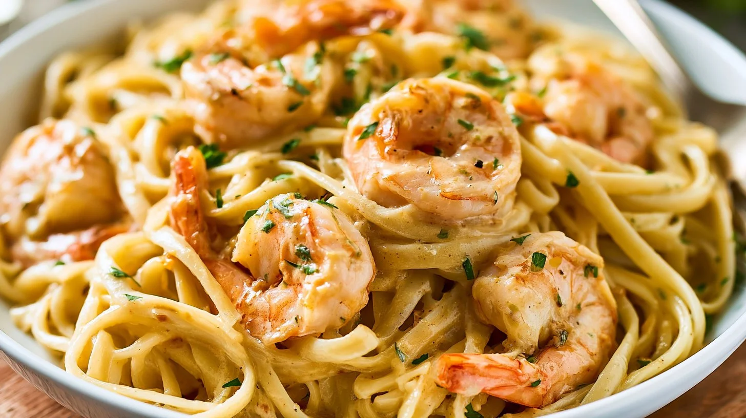 Creamy garlic shrimp pasta served in a bowl, perfect for a weeknight dinner.