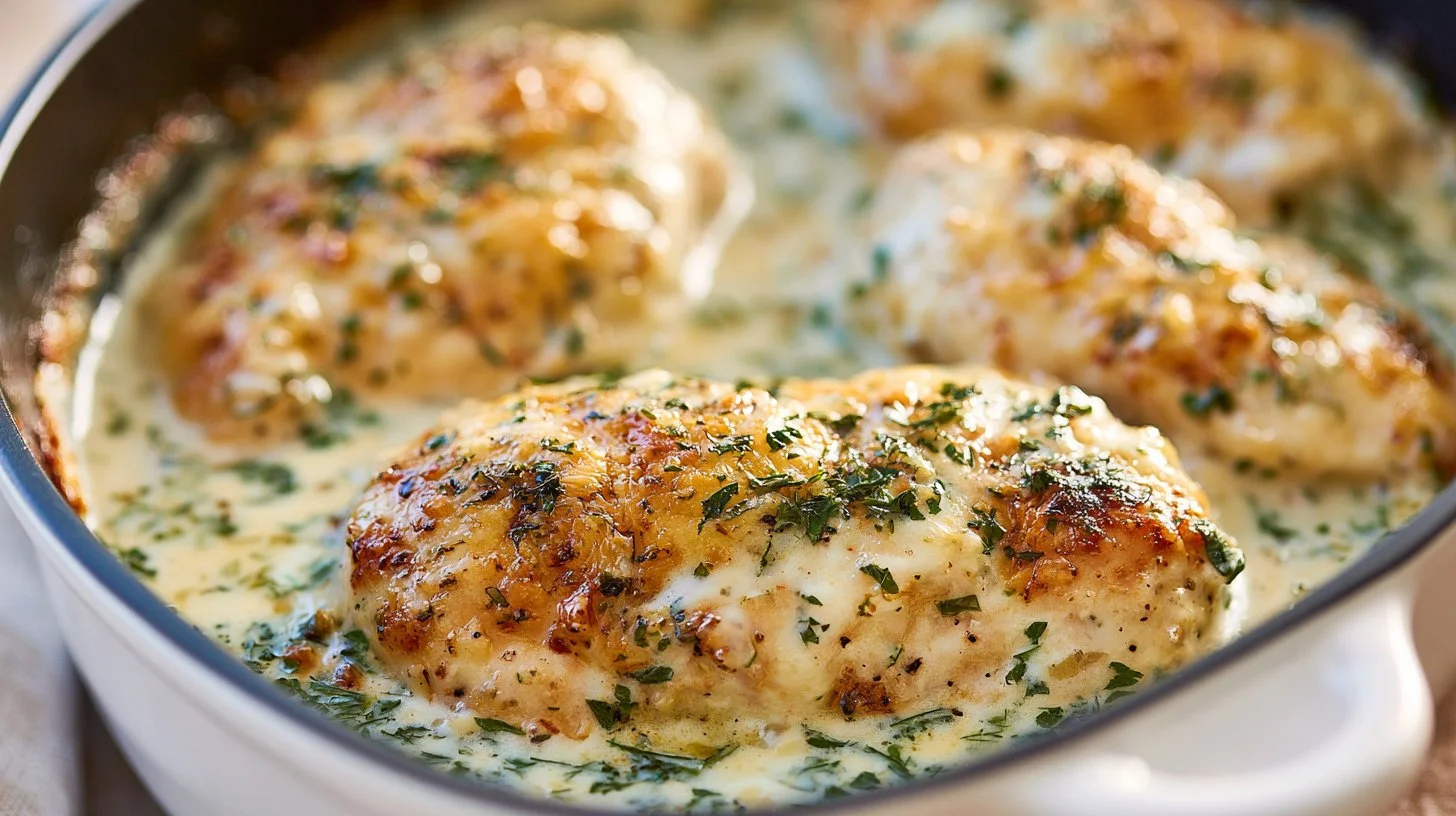 Creamy Parmesan Garlic Chicken served on a plate with herbs and garnishes