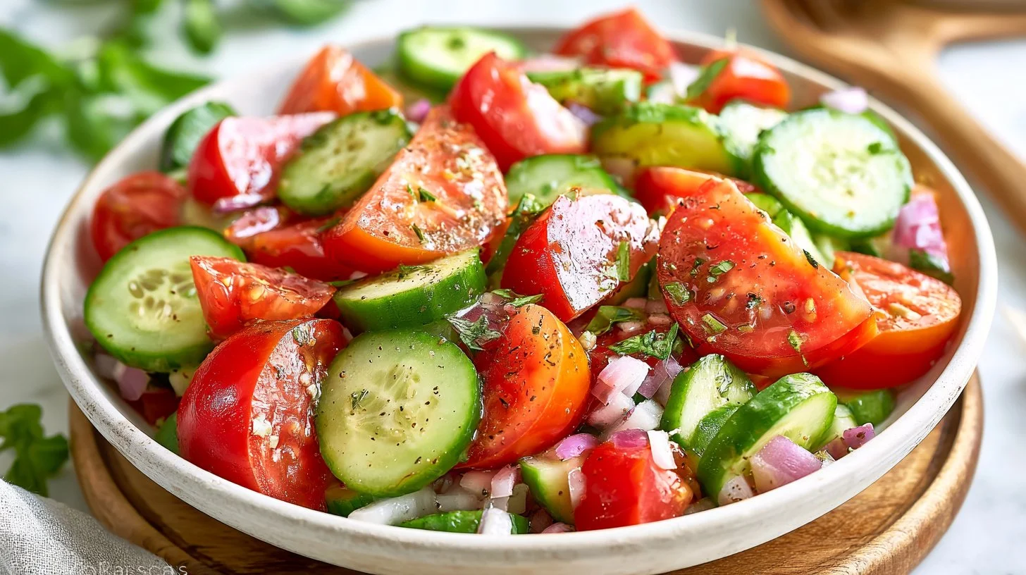 Fresh Cucumber Tomato Salad with vibrant vegetables in a bowl.