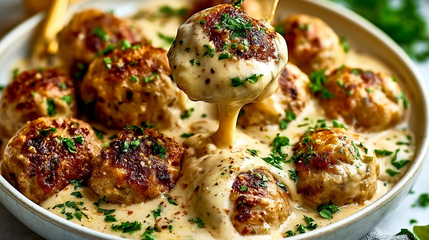 Creamy Marry Me Chicken Meatballs served with pasta for a weeknight dinner.