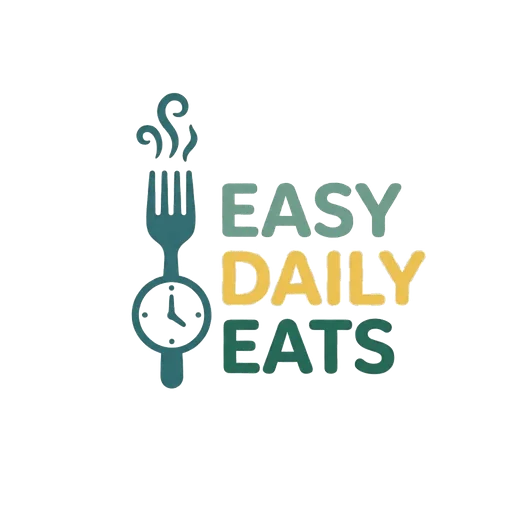 Easy Daily Eats logo with fork, clock, steam, and bold green yellow typography for quick meal inspiration