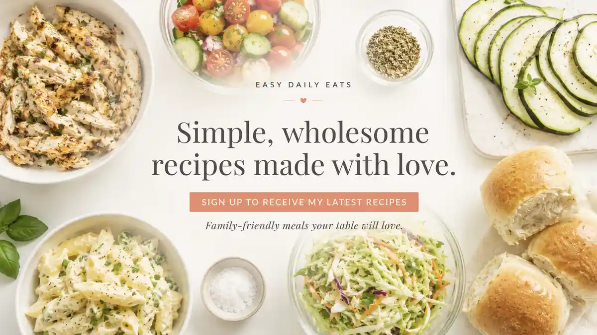Easy Daily Eats banner with grilled chicken, fresh vegetables, pasta salad, coleslaw, bread rolls and simple wholesome recipes message