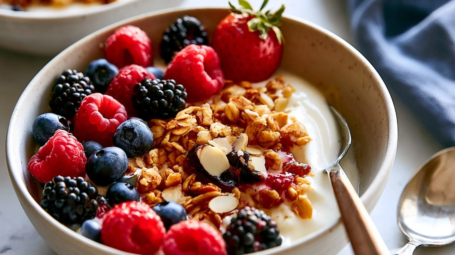 Bowl of Greek yogurt topped with fresh berries for a healthy breakfast option