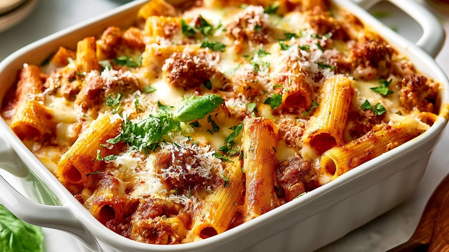 Delicious baked ziti with Italian sausage, cheese, and pasta, served in a bowl.