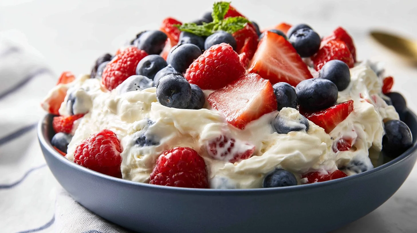 Red, white, and blue cheesecake salad in a bowl, a perfect summer dessert.