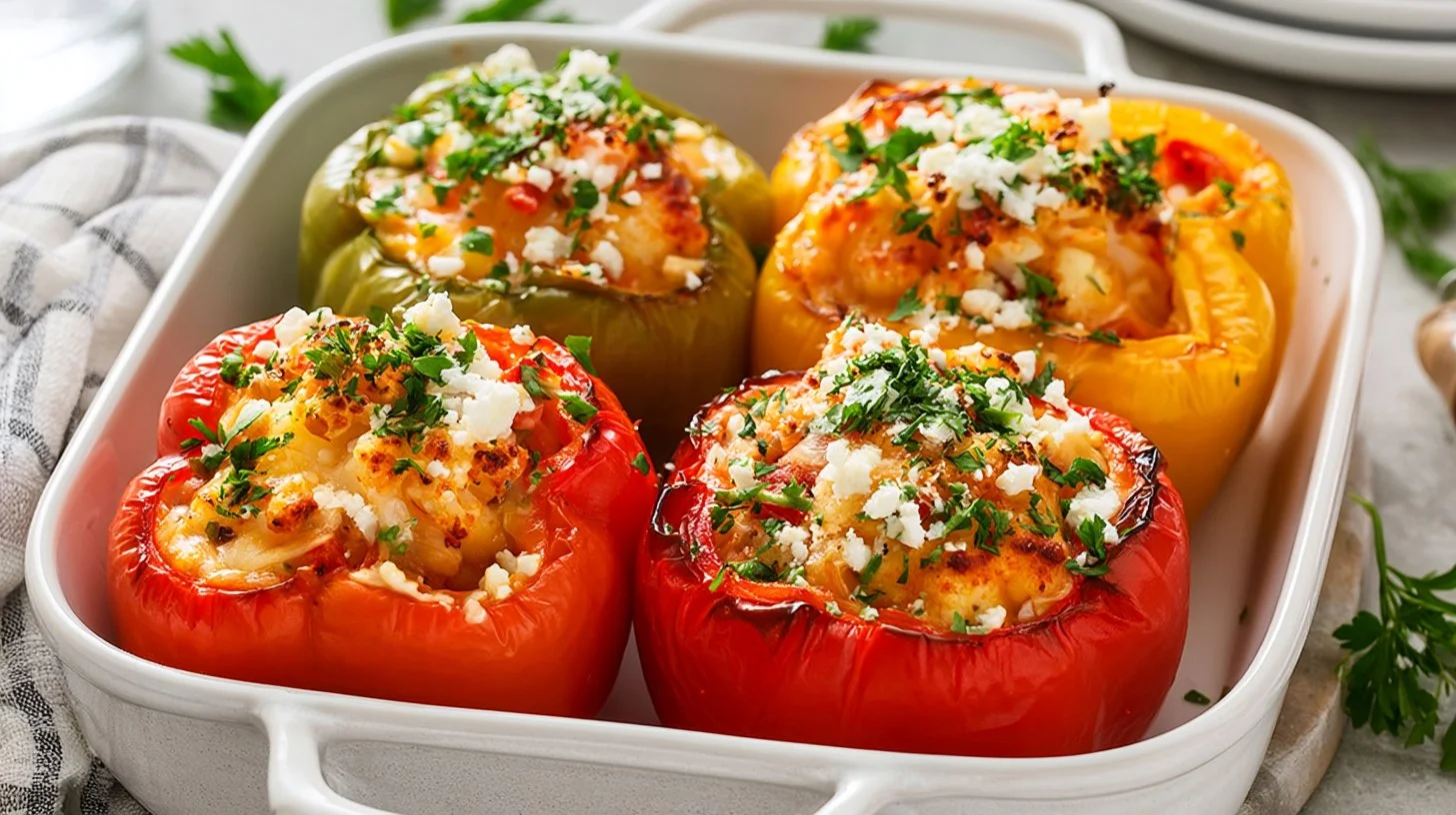 Easy stuffed bell peppers with rice and vegetables on a plate