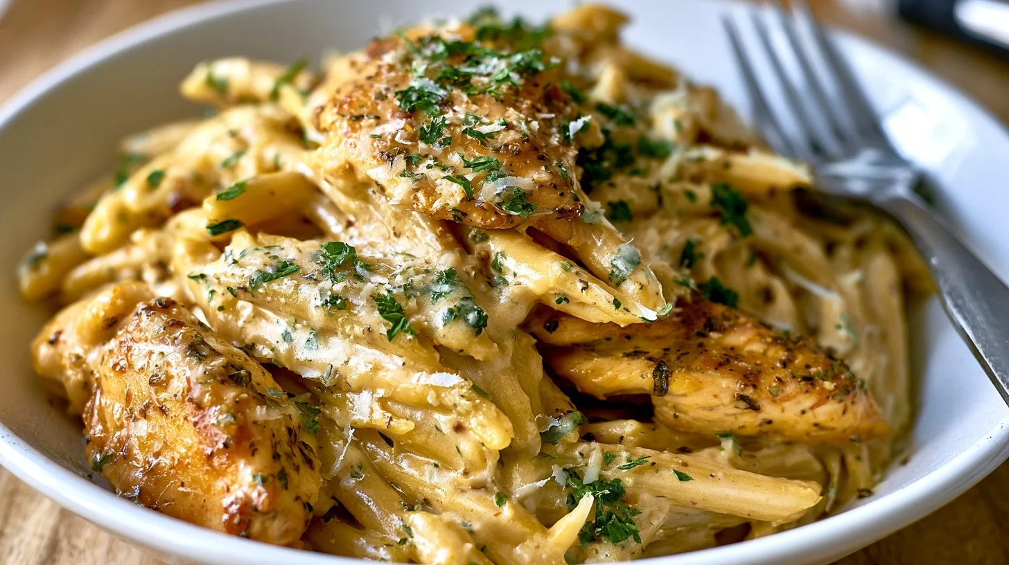 Juicy Garlic Parmesan Chicken served with pasta, perfect for a family dinner.