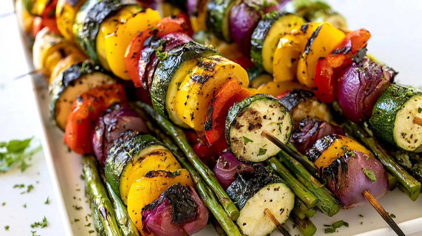 Colorful grilled veggie skewers ready to be enjoyed at a summer barbecue