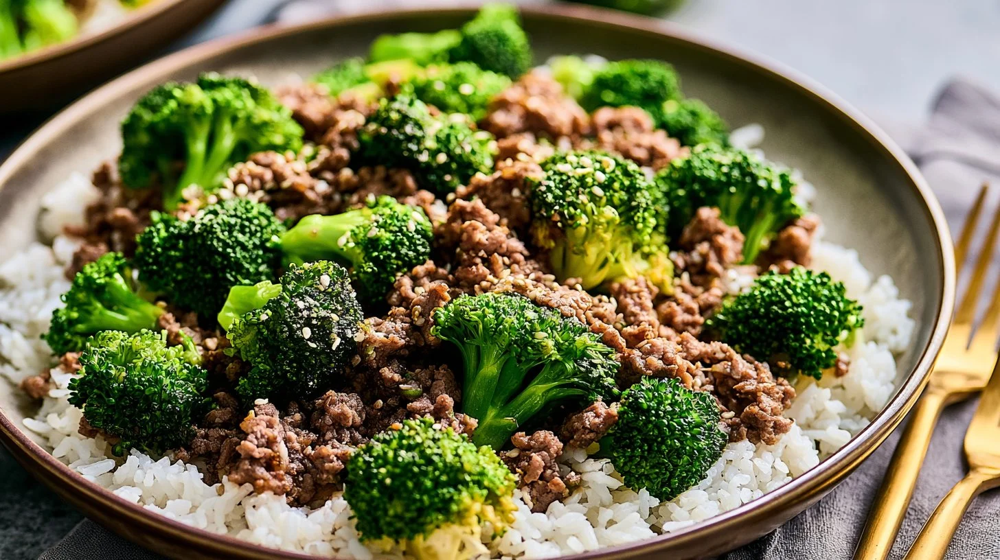 A plate of ground beef and broccoli stir-fry with rice.
