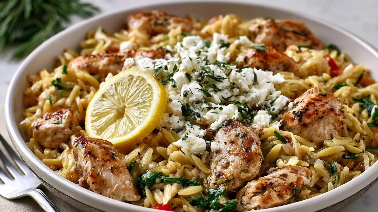 Lemon-Feta Chicken served with orzo on a dinner plate, garnished with fresh herbs