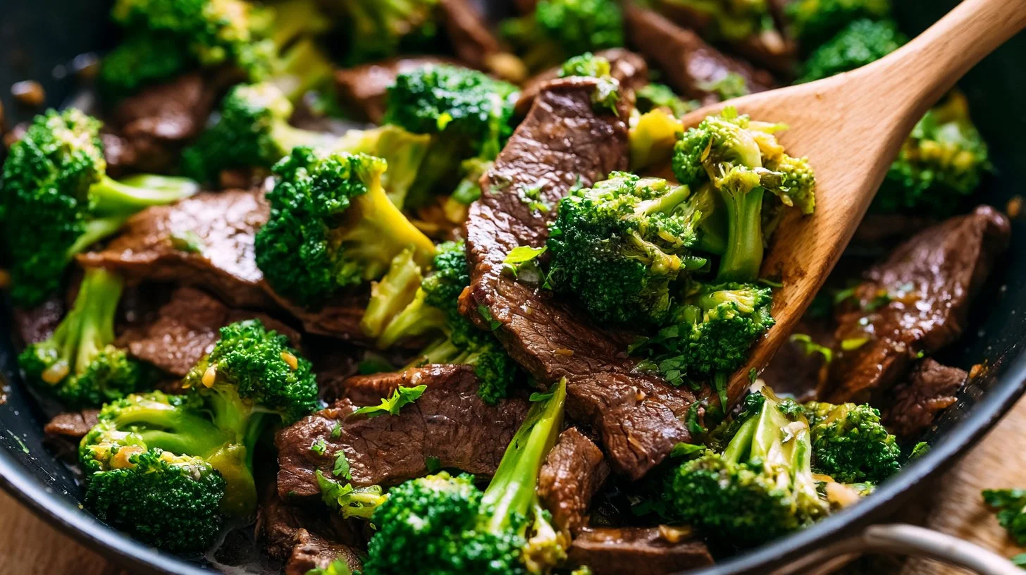 Healthy beef and broccoli dish served in a bowl, ideal for a quick dinner.