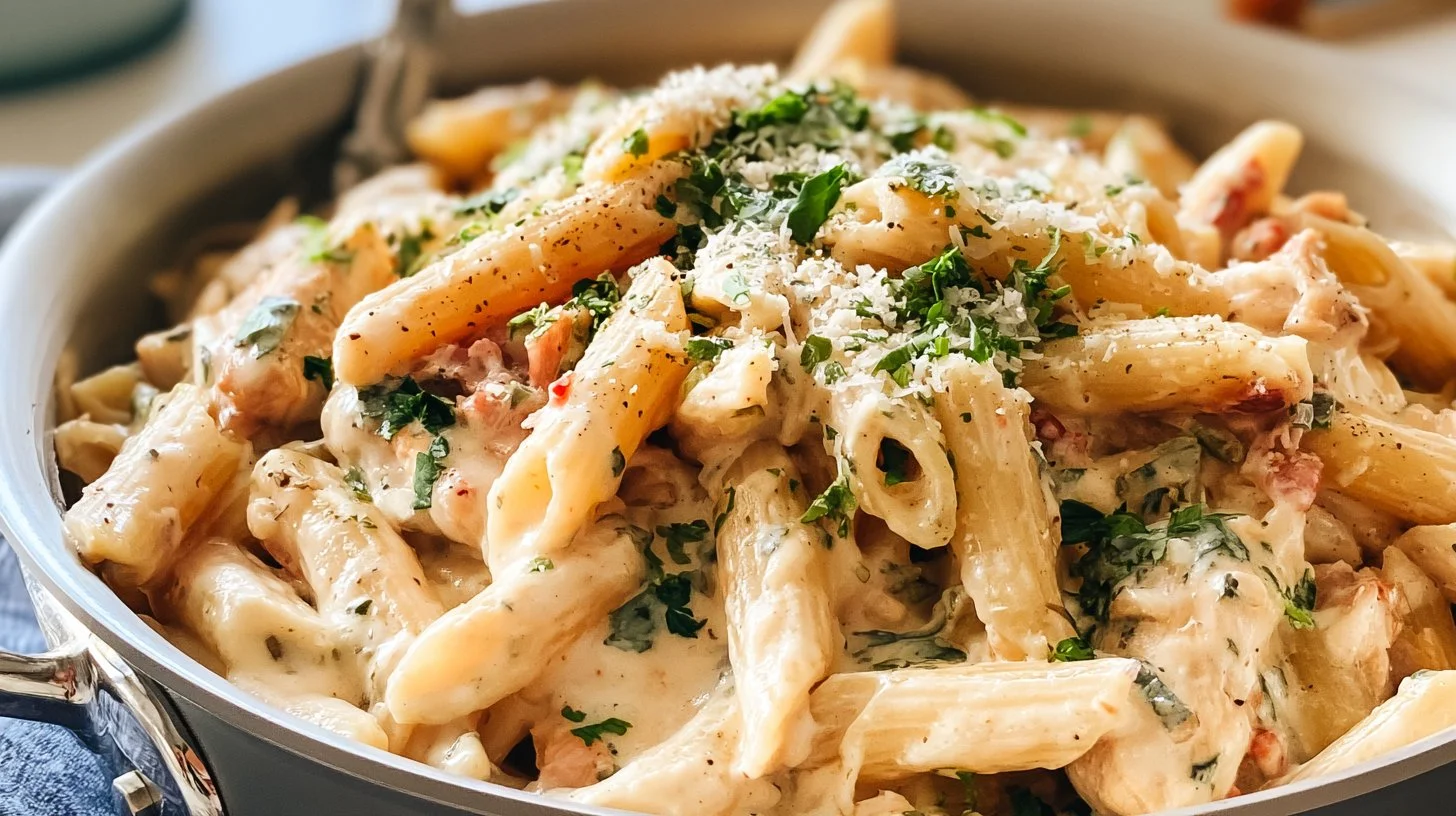 One pot creamy chicken pasta dish served in a bowl with herbs and cheese.