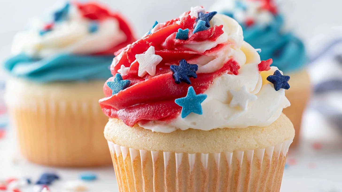 Red white and blue cupcakes decorated for 4th of July celebration.