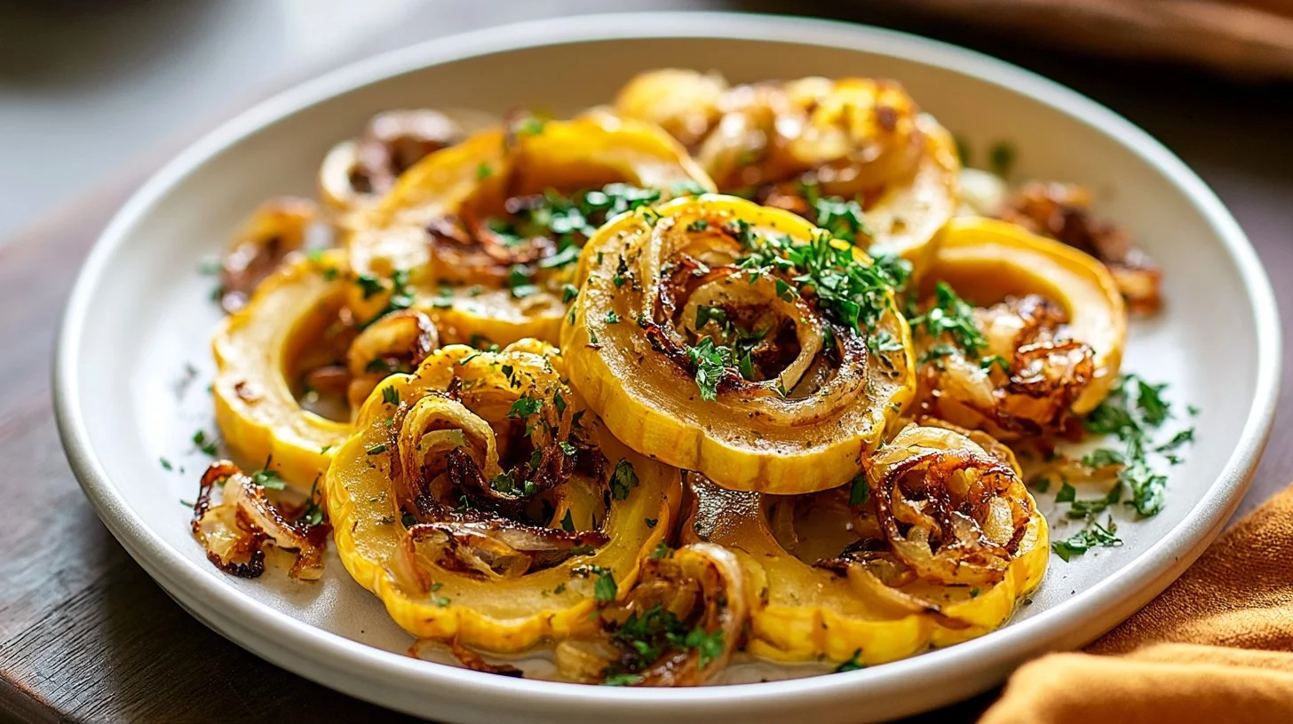 Roasted delicata squash with crispy onions garnished on a plate.