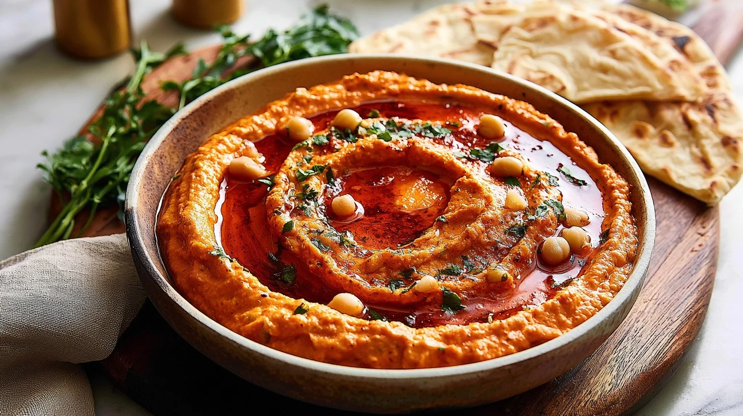 Bowl of creamy roasted red pepper hummus garnished with peppers and herbs
