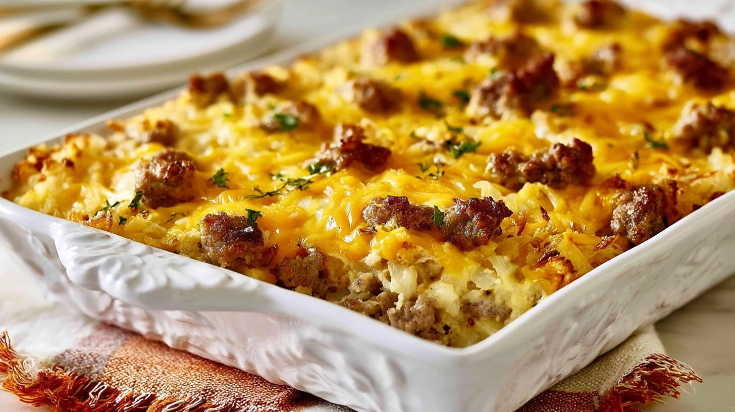 Sausage Hash Brown Breakfast Casserole with cheese and eggs