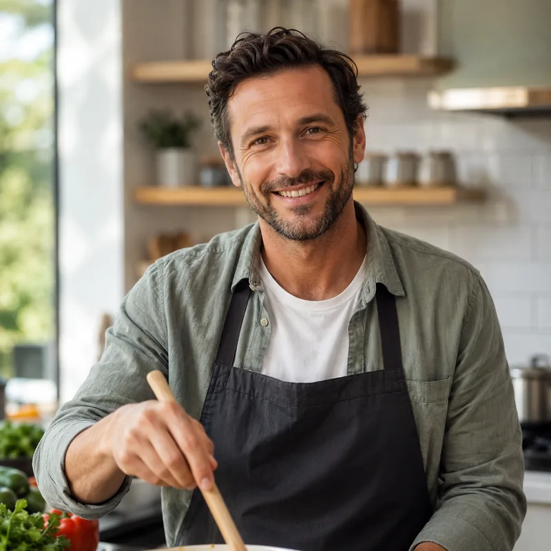 Smiling chef in black apron stirring food in a bright modern kitchen with fresh vegetables nearby