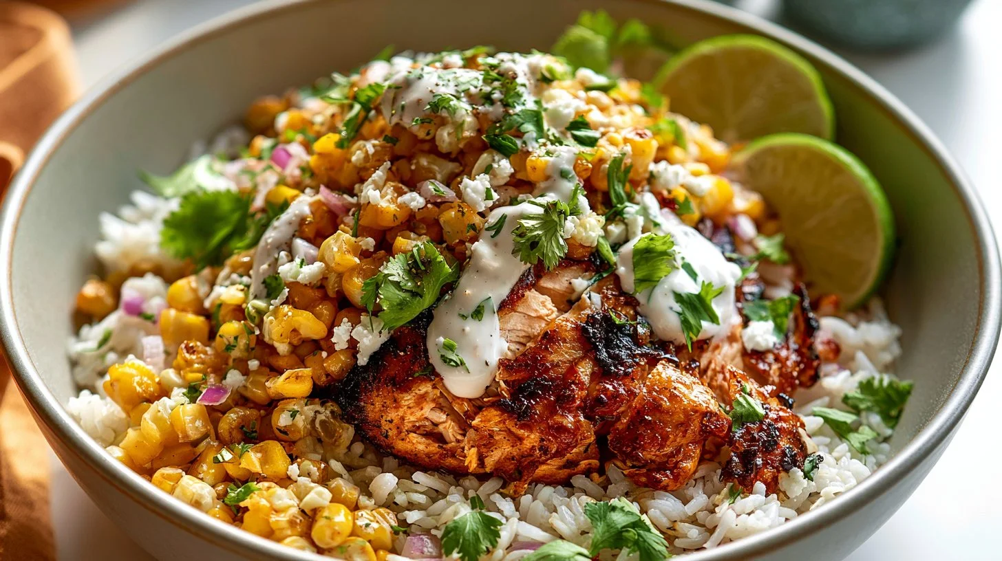 Street Corn Chicken Rice Bowl with vibrant colors and flavors for a quick dinner