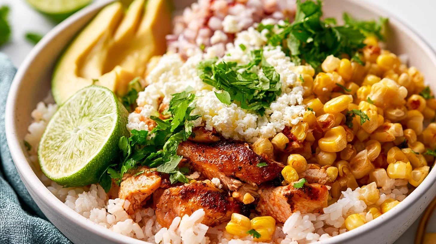 Delicious street corn chicken rice bowls topped with fresh ingredients.