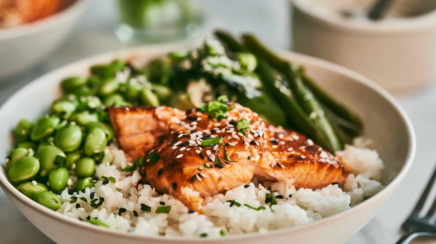 Delicious Teriyaki Salmon Rice Bowl with vibrant vegetables and rice.