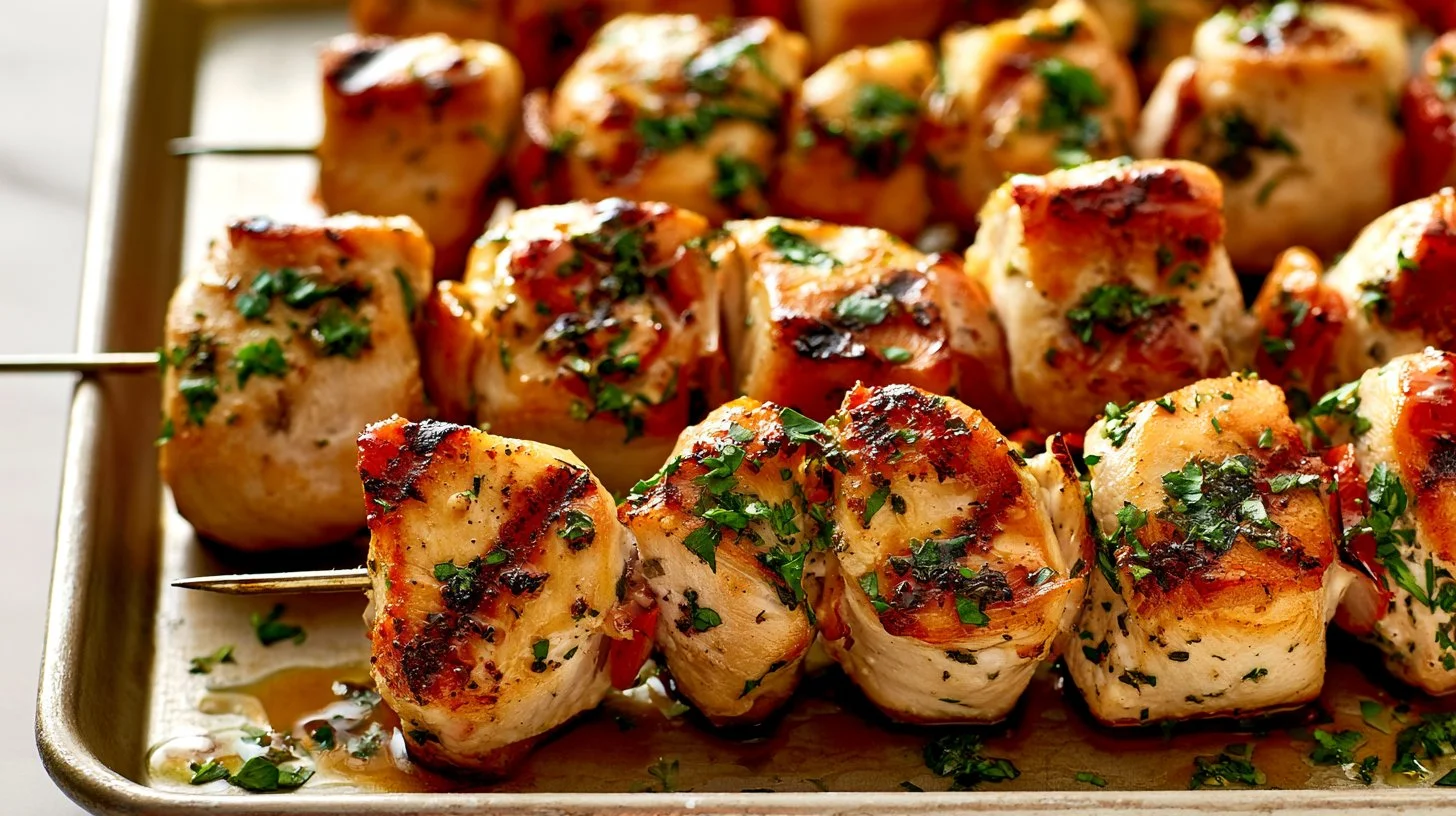 Juicy grilled chicken kabobs on skewers with colorful bell peppers