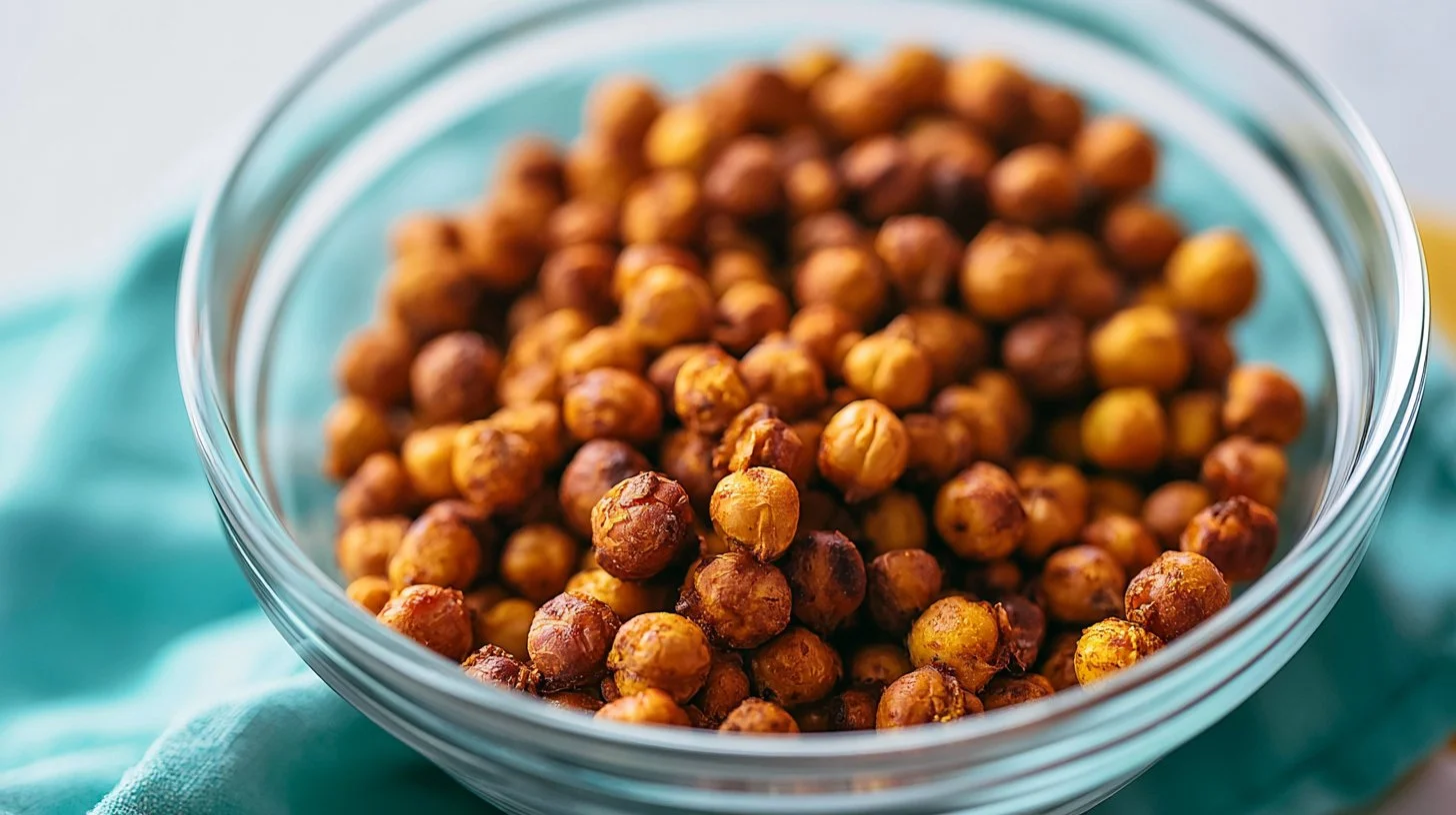 Bowl of ultra crispy air fryer chickpeas, golden brown and ready to serve.