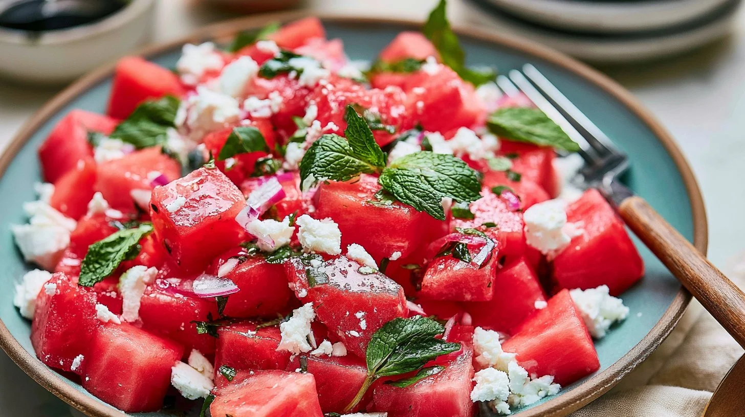 Fresh watermelon feta salad with mint and arugula on a white plate