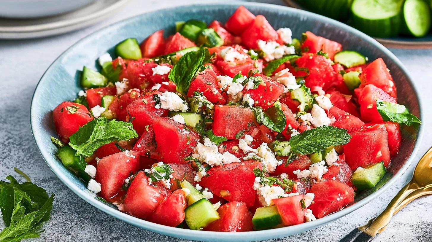Delicious Watermelon Salad with Feta and Cucumber served in a bowl