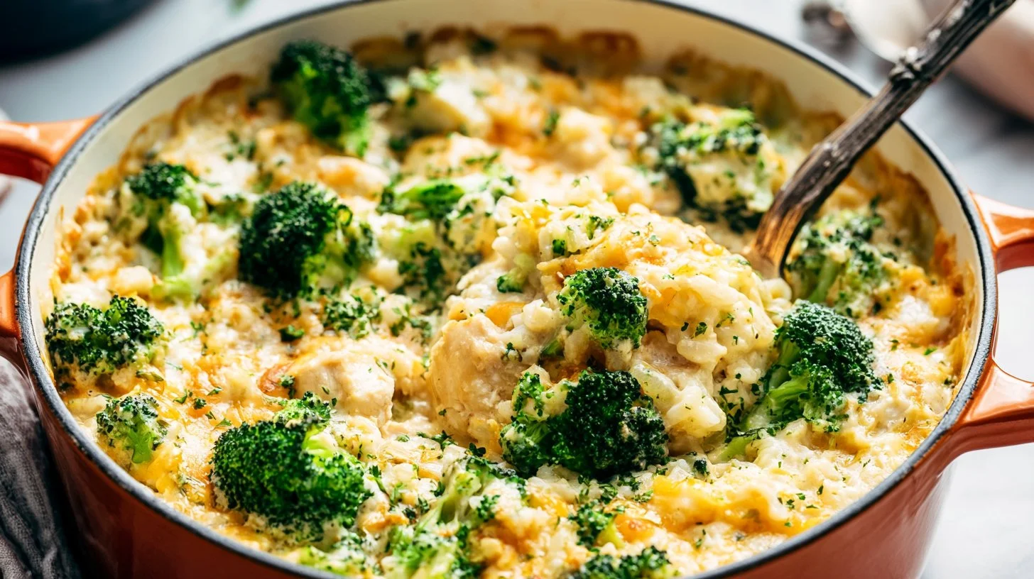 Cheesy chicken casserole with broccoli and rice in a pot.