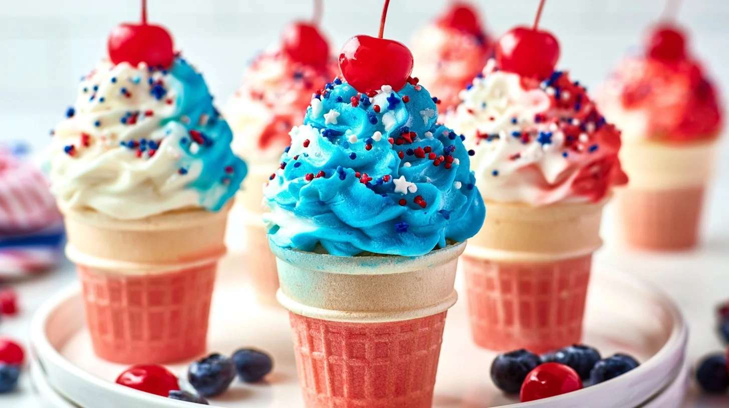 Delicious 4th of July ice cream cone cupcakes decorated with red, white, and blue.