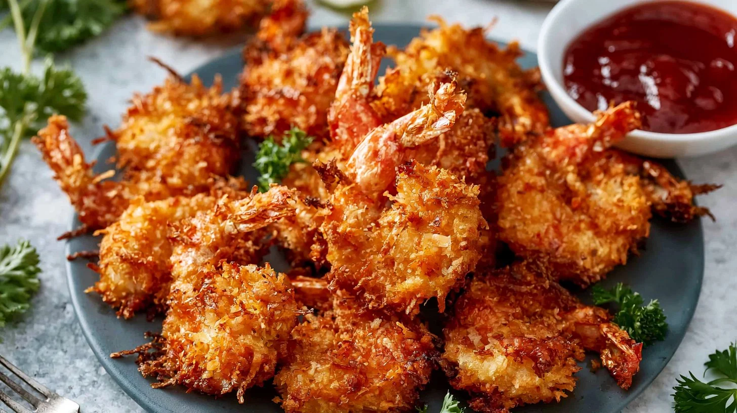 Delicious Air Fryer Coconut Shrimp served with dipping sauce