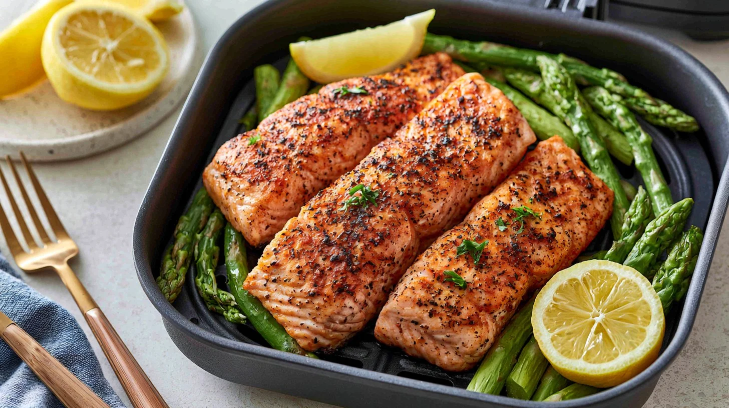 Perfectly cooked Air Fryer Salmon served with a lemon wedge and garnish.