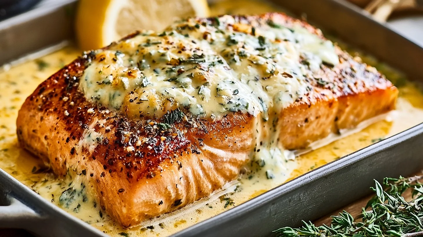 Perfectly baked Boursin salmon on a plate with herbs and lemon.