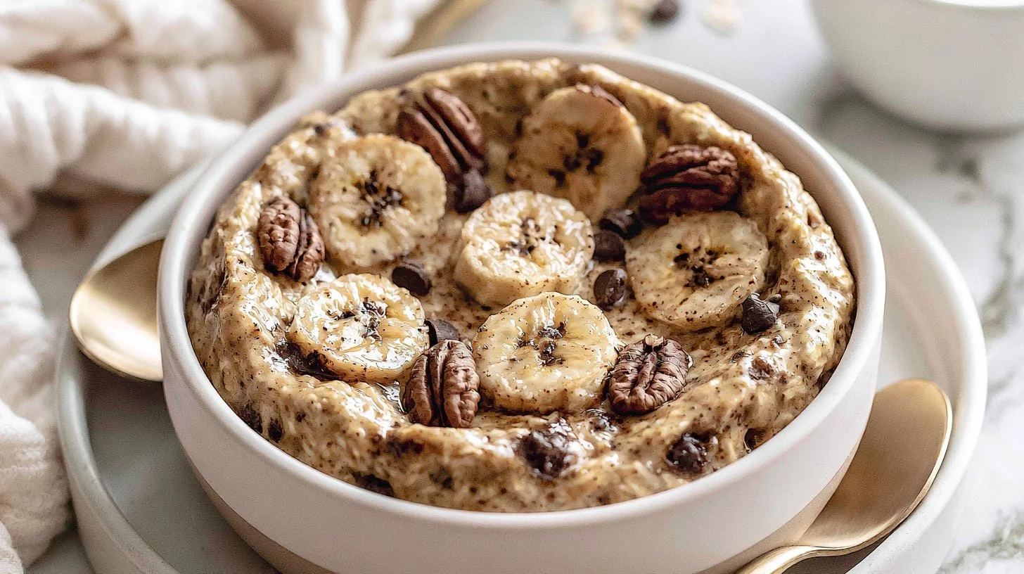 Delicious Banana Bread Baked Oats in a bowl, perfect for breakfast.