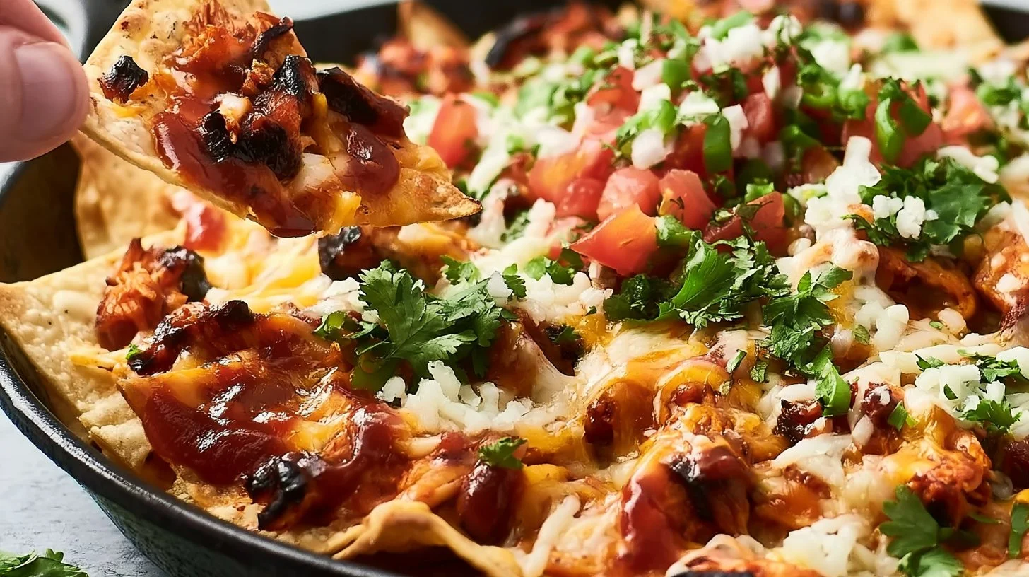 Delicious BBQ Chicken Nachos topped with cheese, jalapeños, and fresh ingredients