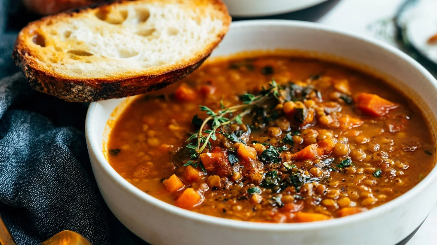 Bowl of best lentil soup garnished with herbs and spices