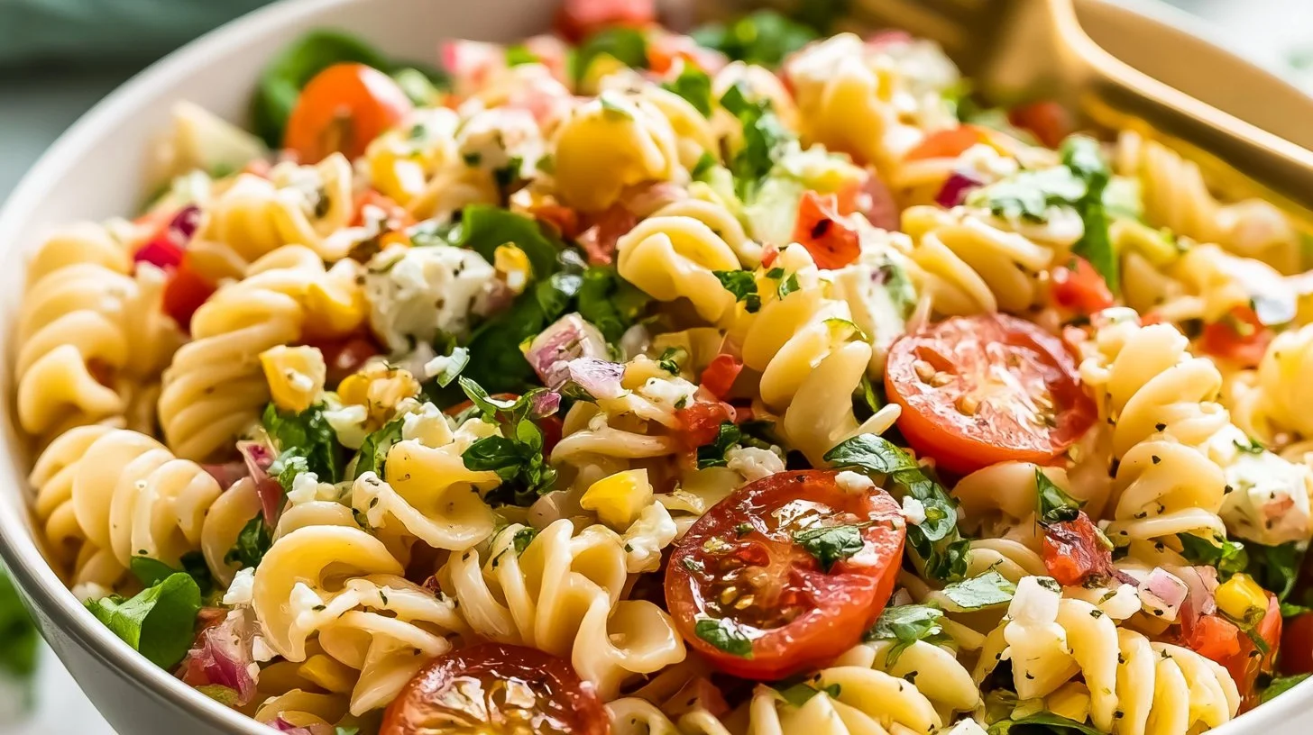 Colorful bowl of the best potluck pasta salad with fresh vegetables and dressing