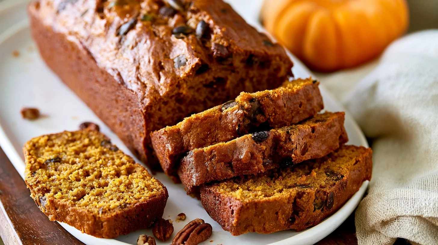 Freshly baked homemade pumpkin bread sliced and served on a plate