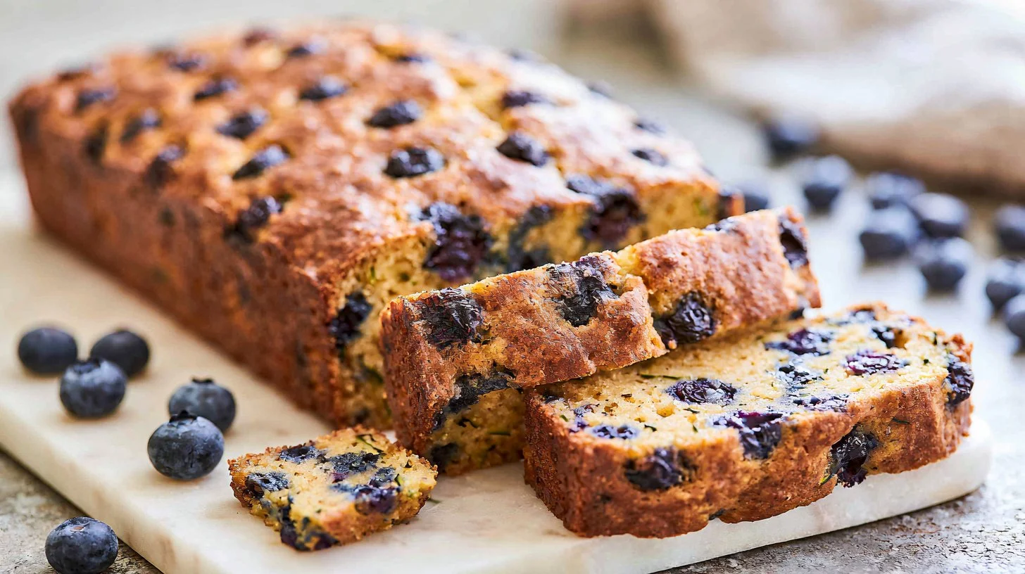 Freshly baked blueberry zucchini bread on a wooden table.