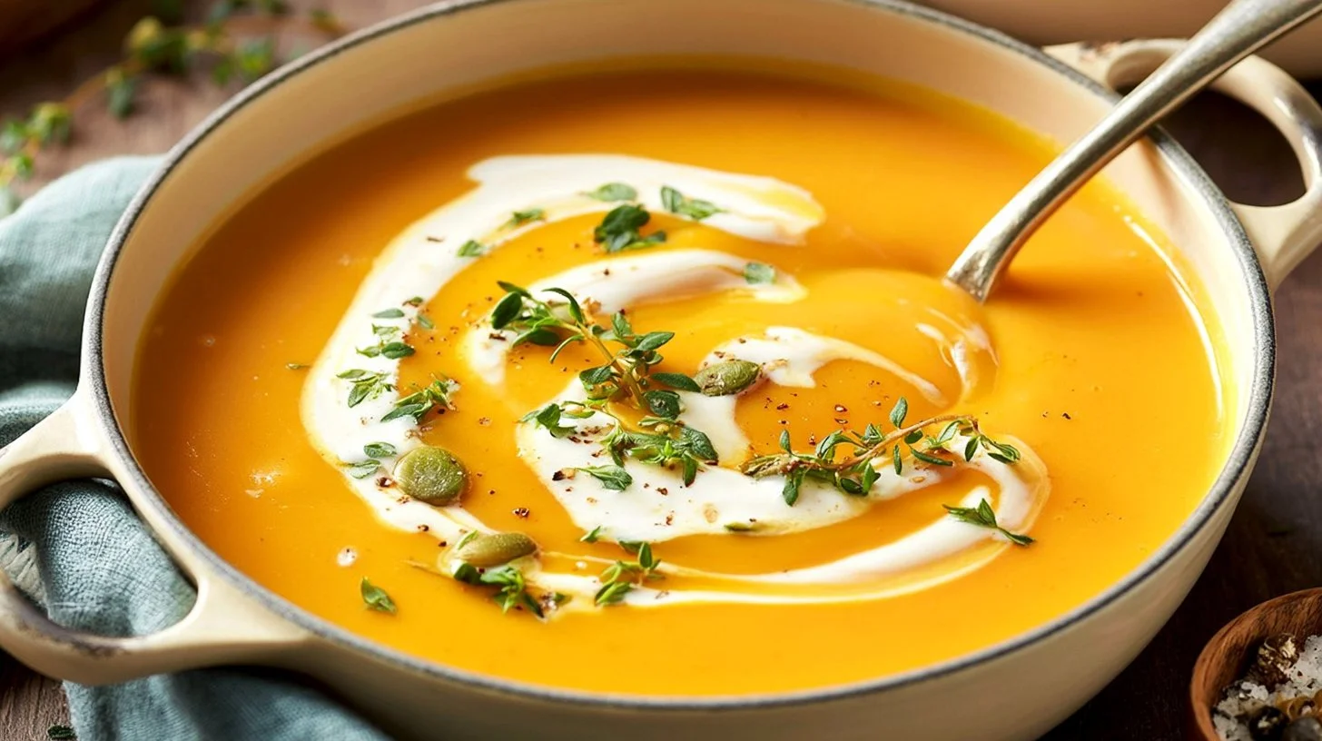 Bowl of creamy butternut squash soup garnished with herbs and spices
