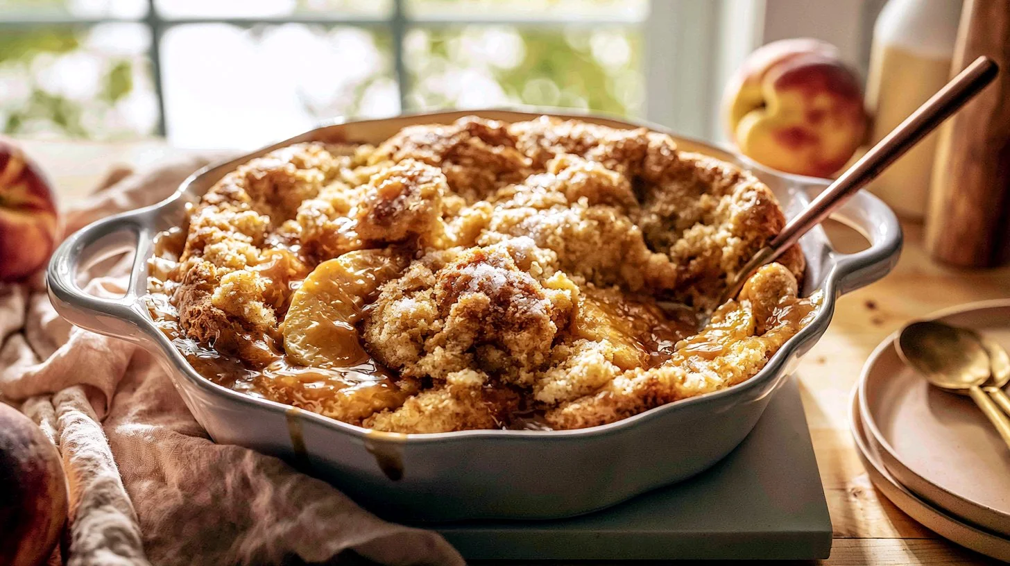 Delicious Caramel Peach Dump Cake topped with caramel sauce and peaches